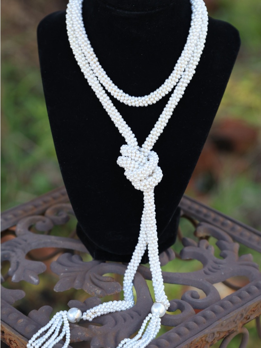 Classic White Pearl Knot Lariat Necklace for Women